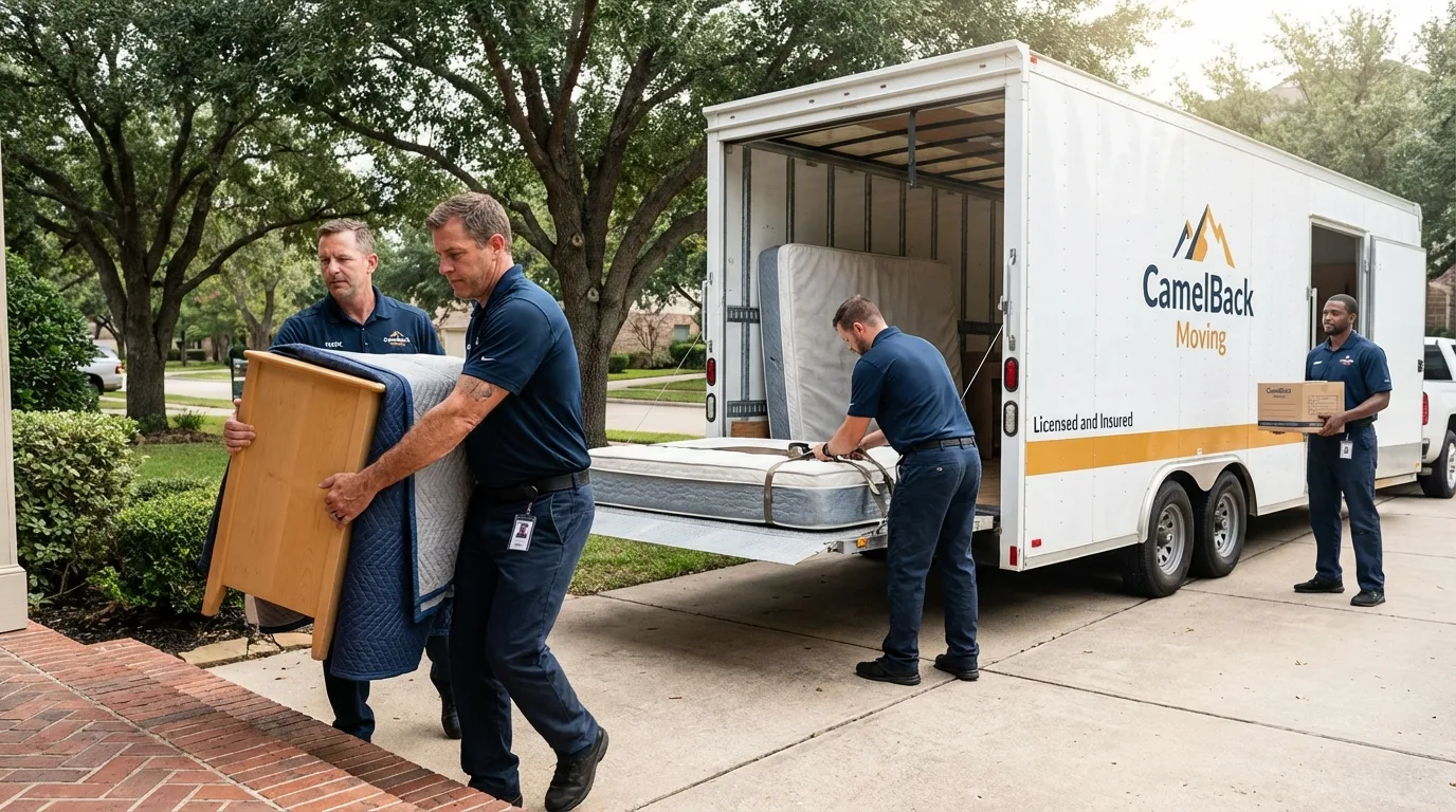Crew loading residential truck for cross-state move from Livingston, LA