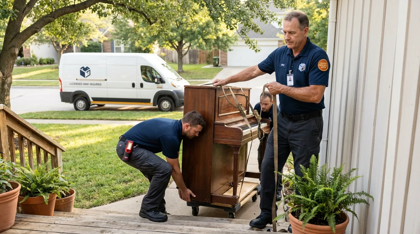 Licensed piano movers securing grand piano in Livingston, LA