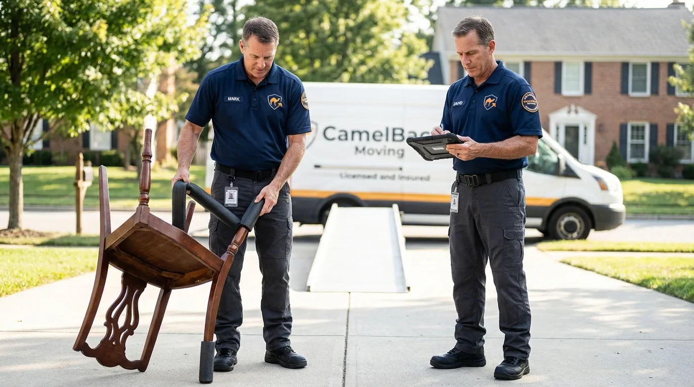 Movers inspecting furniture for damage prevention before loading in Livingston, LA