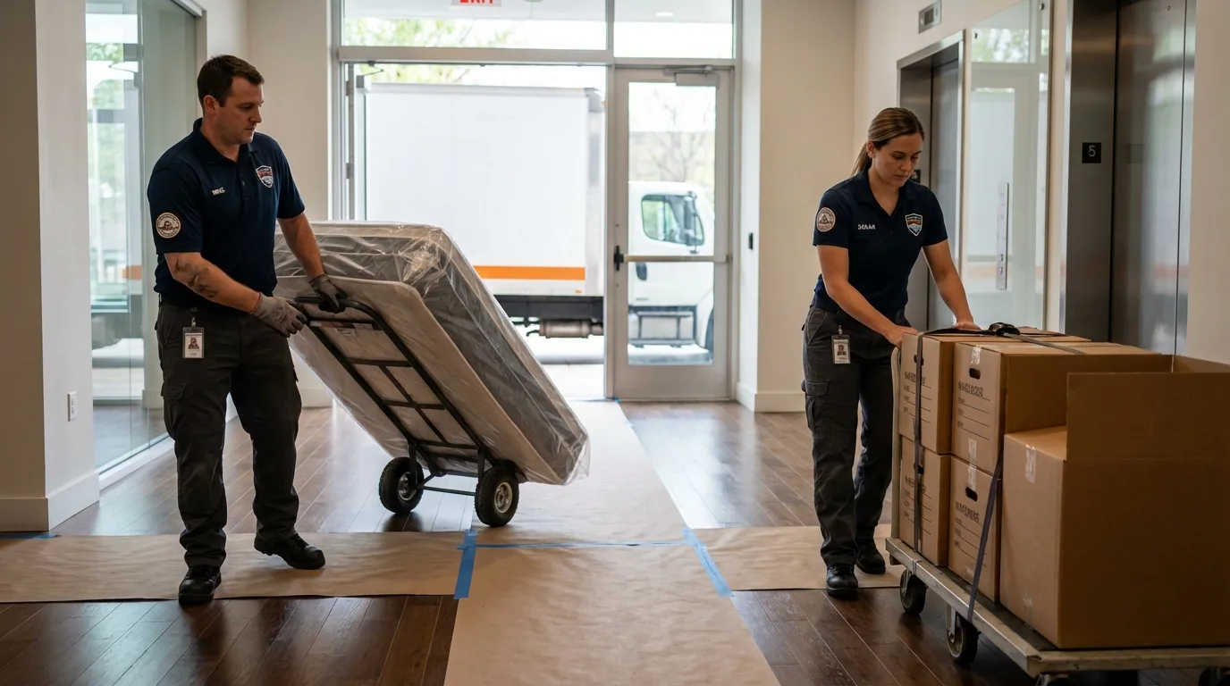 Professional apartment movers loading elevator in Livingston, LA