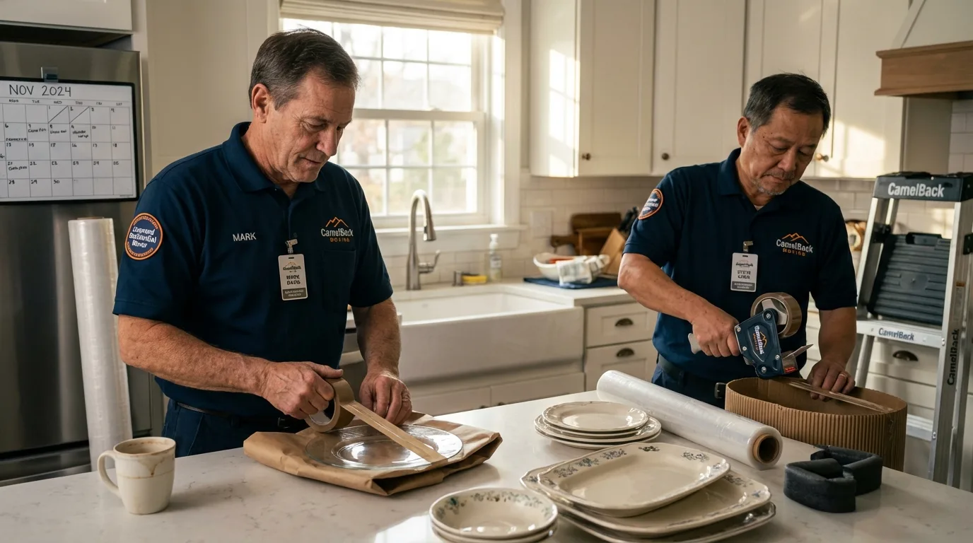 Professional crew packing kitchen dishware in Livingston, LA